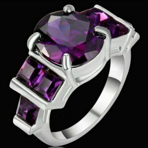 18KT White Gold filled purple Amethyst CZ Ring